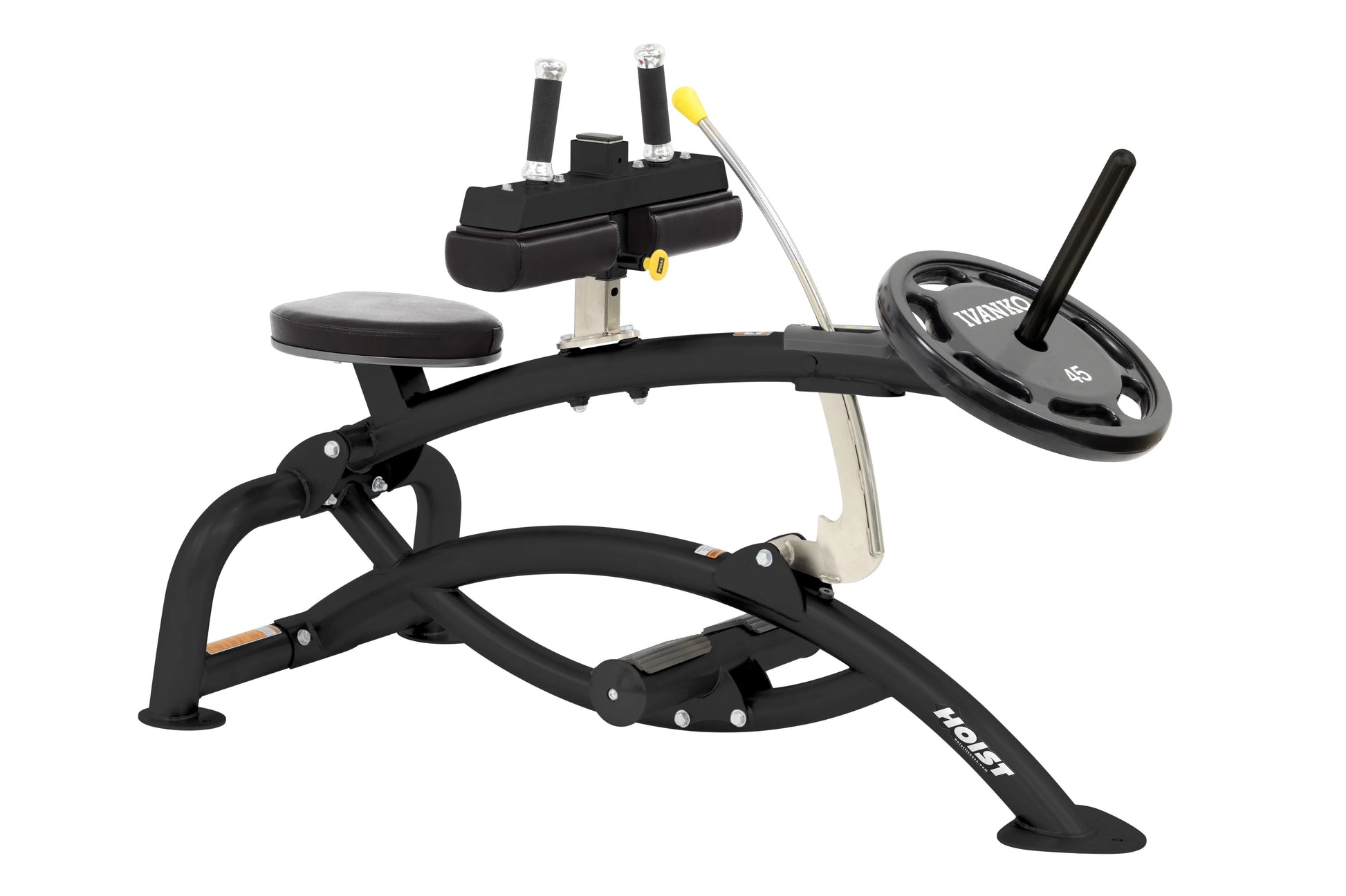 Black and silver Hoist seated calf raise machine with padded seat, foot platform, weight plate holder, and leg extension arm 
