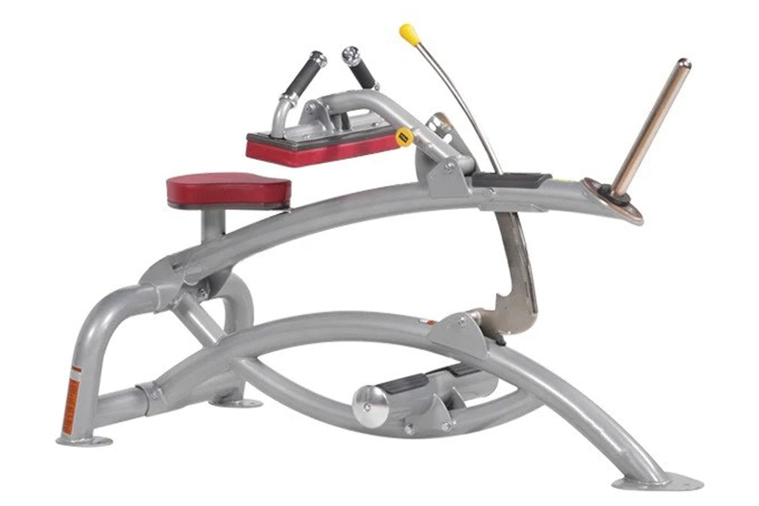 Hoist Seated Calf Raise machine with gray frame, red padded seat, dual handles with black grips, and yellow adjustment lever 