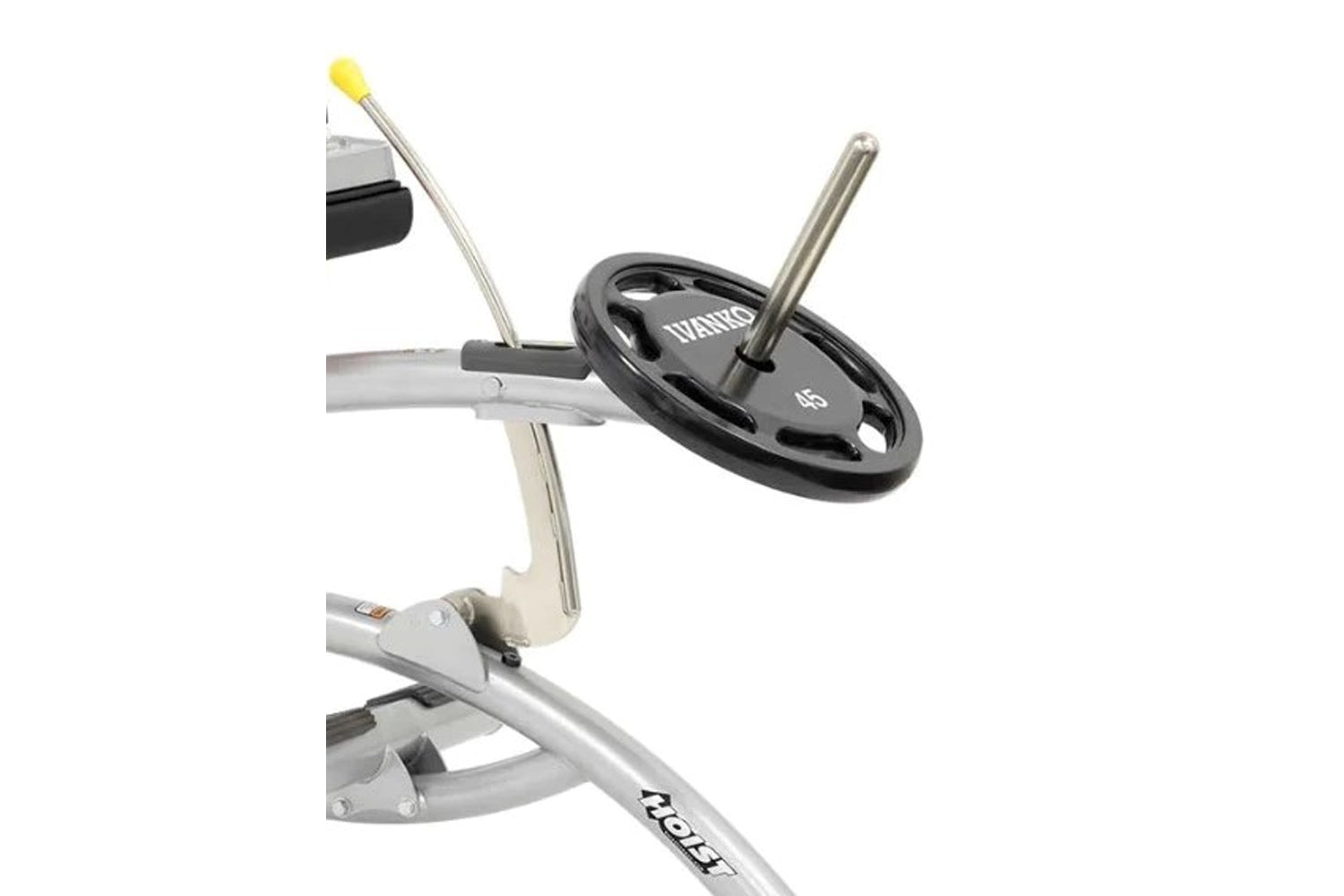 Hoist Seated Calf Raise machine with black foot plate, silver frame, and dual leg extension arms on white background