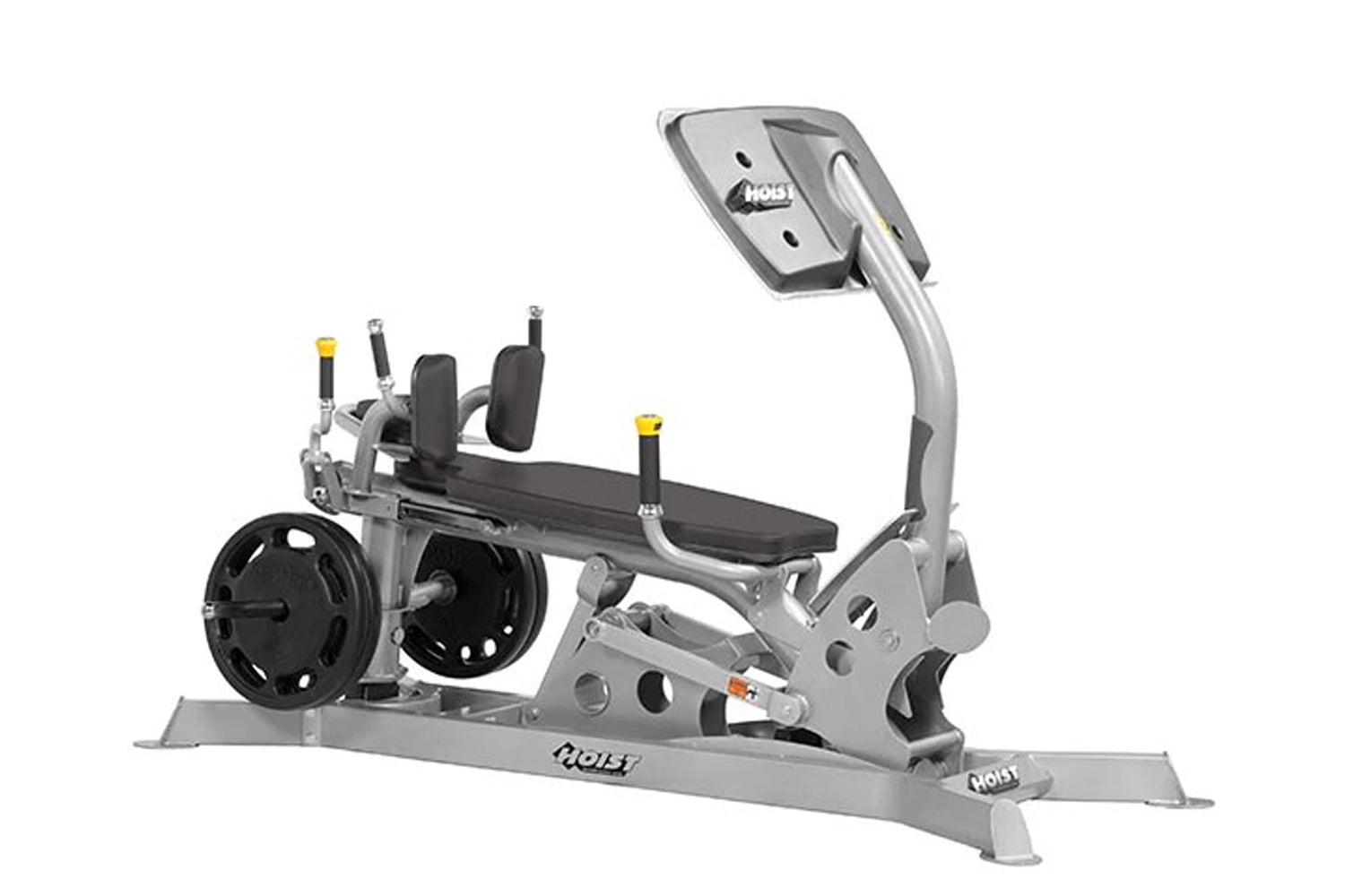 Hoist Dual Action Leg Press with gray and black frame, padded seat, dual footplates with weight plates, and upright monitor d