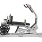 Hoist Dual Action Leg Press machine with silver frame, black seat and footplate, weight plate on left side, on white backgrou