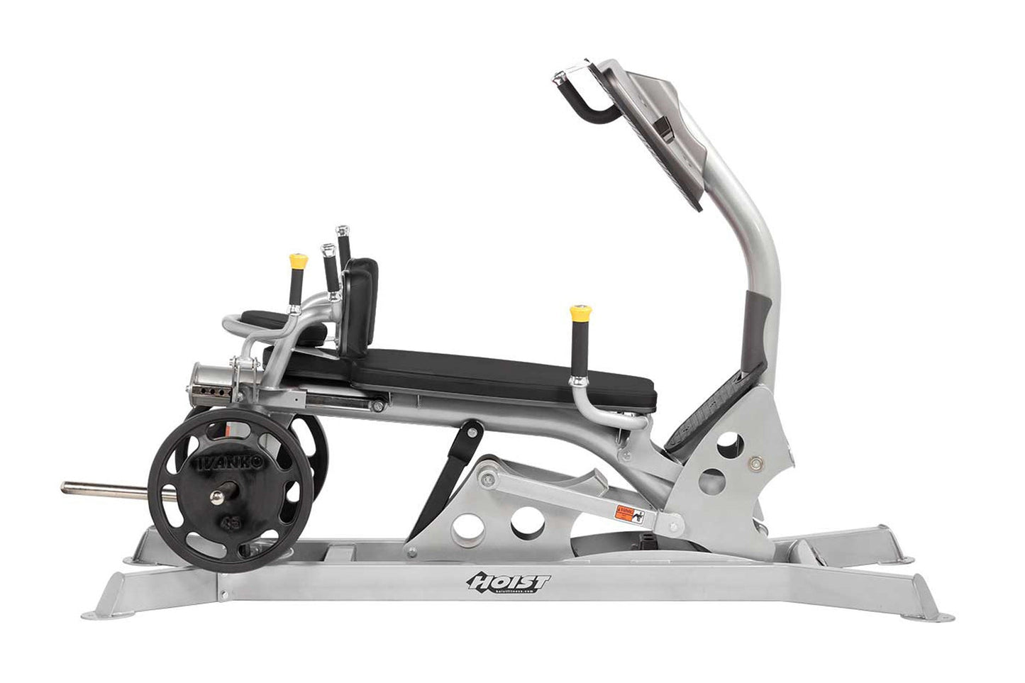 Hoist Dual Action Leg Press machine with silver frame, black seat and footplate, weight plate on left side, on white backgrou