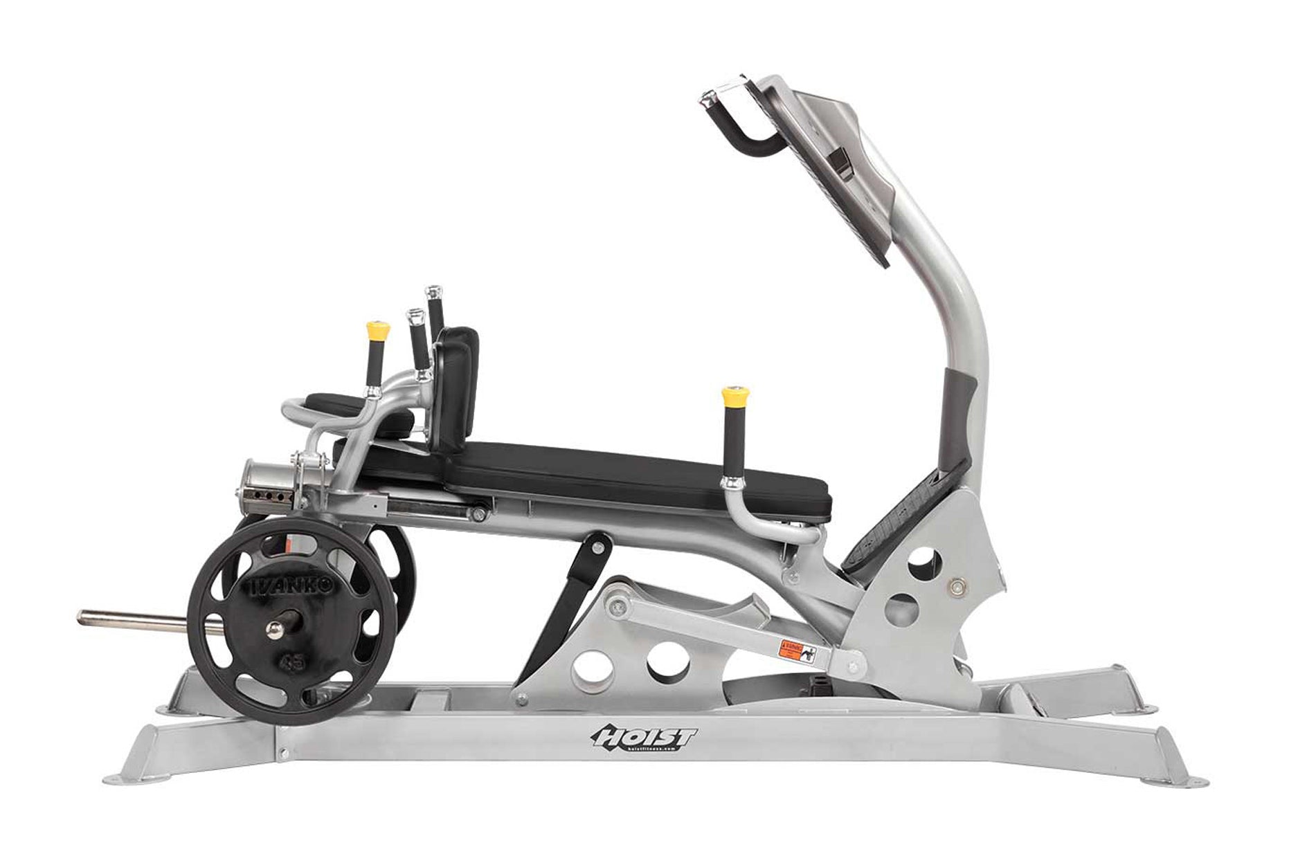 Hoist Dual Action Leg Press machine with silver frame, black seat and footplate, weight plate on left side, on white backgrou