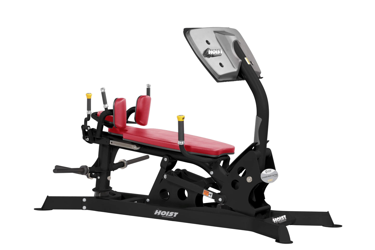 Hoist Dual Action Leg Press with red padded seat and backrest, black frame, digital display, and foot platform on white backg