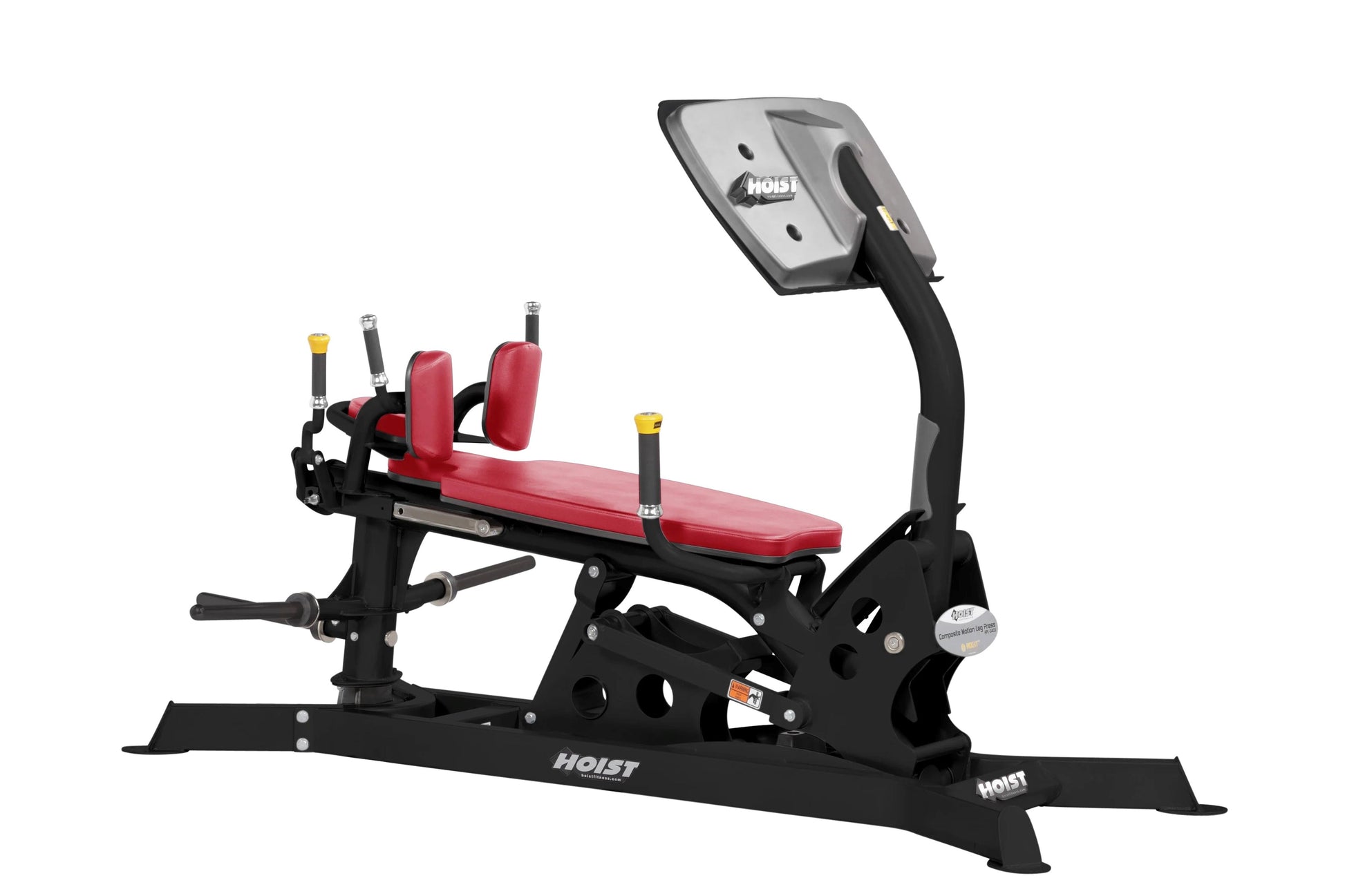 Hoist Dual Action Leg Press with red padded seat and backrest, black frame, digital display, and foot platform on white backg