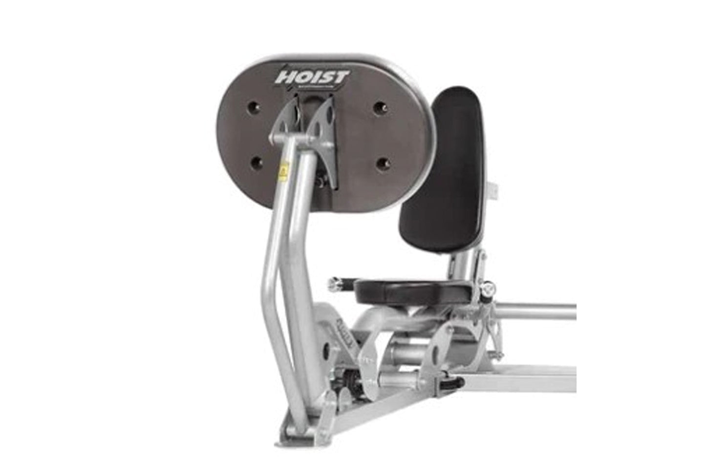 Hoist Dual Action Leg Press machine with gray frame, black padded seat and backrest, silver handles, on white background
