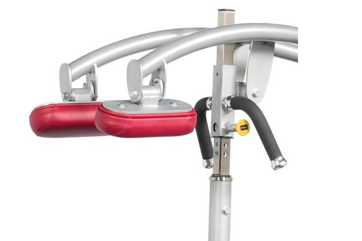 Hoist ROC-IT Standing Calf Raise machine with red padded shoulder supports, silver curved bar, black grip handles, and yellow