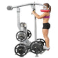 Woman using silver and black standing calf raise exercise machine with weight plates, wearing purple sports bra and black sho
