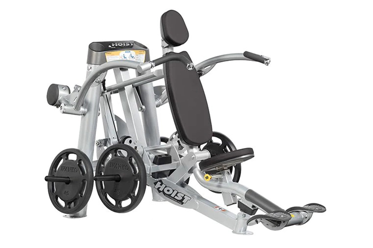 Hoist ROC-IT Shoulder Press Machine with silver frame, black padded seat and backrest, weight plates, and digital display on 