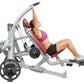 Hoist ROC-IT shoulder press machine with silver frame, red seat pad, and black weight plate, shown with model demonstrating e