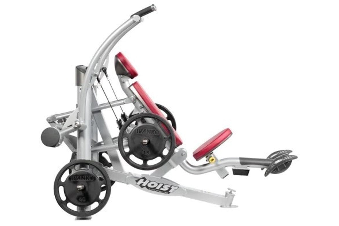 Hoist ROC-IT Shoulder Press Machine with silver frame, burgundy padded handles, and black weight plates on white background