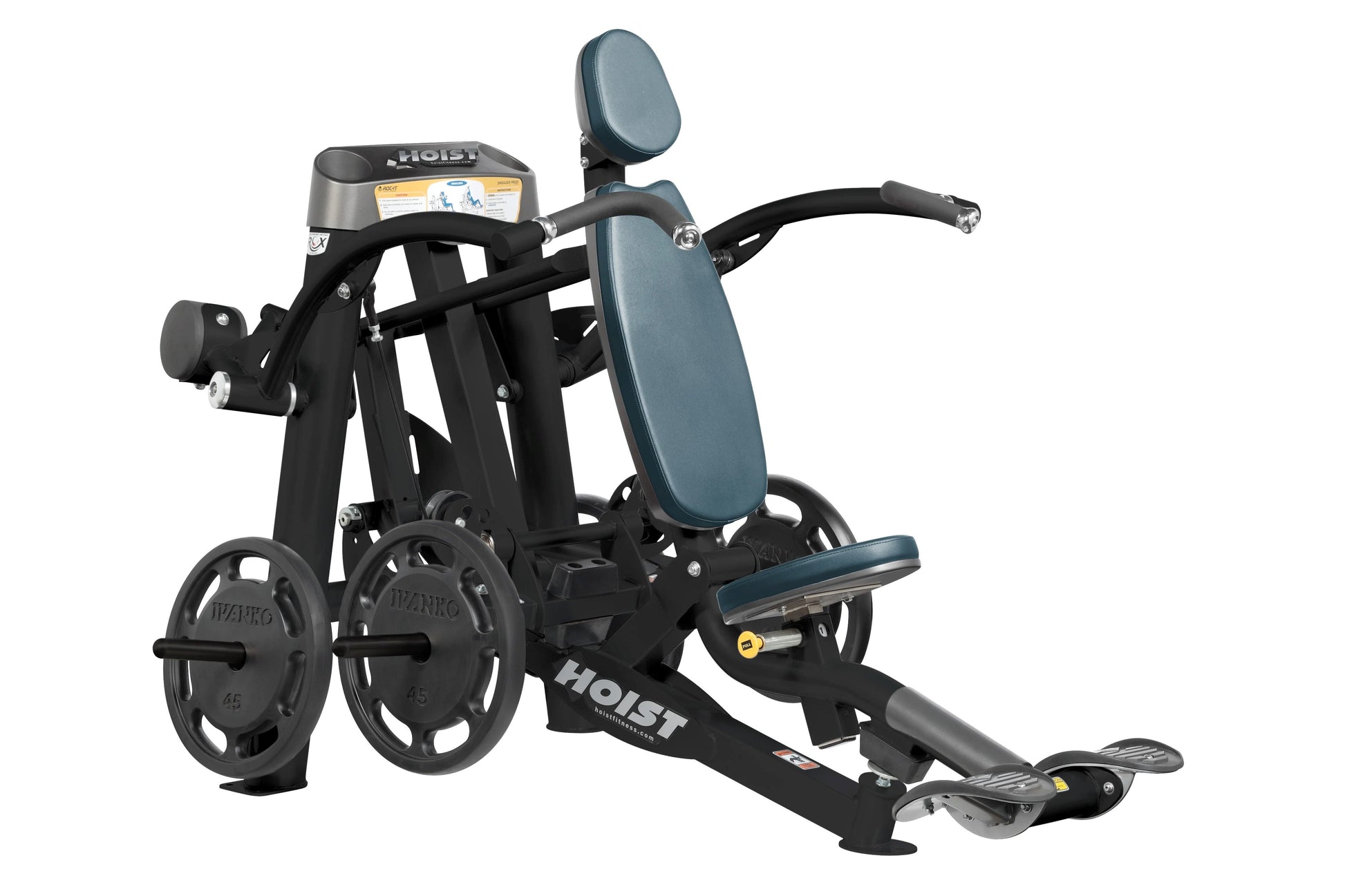Hoist ROC-IT Shoulder Press Machine with black frame, blue padded seat and backrest, weight plates, and foot pedal on white b