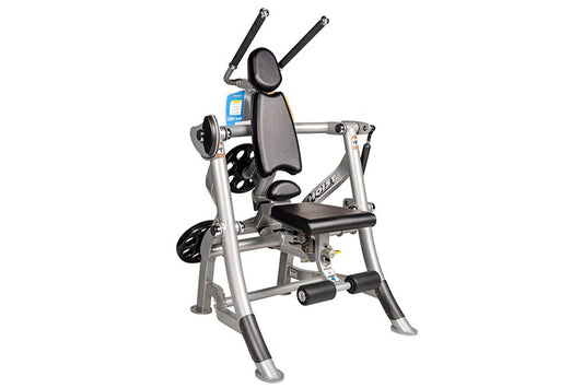 Hoist Abdominals Machine with silver frame, black padded seat and backrest, dual black handles, blue digital display, and foo