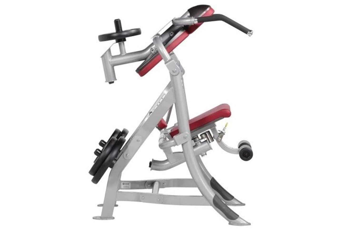 Hoist Abdominals Machine with silver frame, burgundy seat and backrest, black handles and footrest on white background