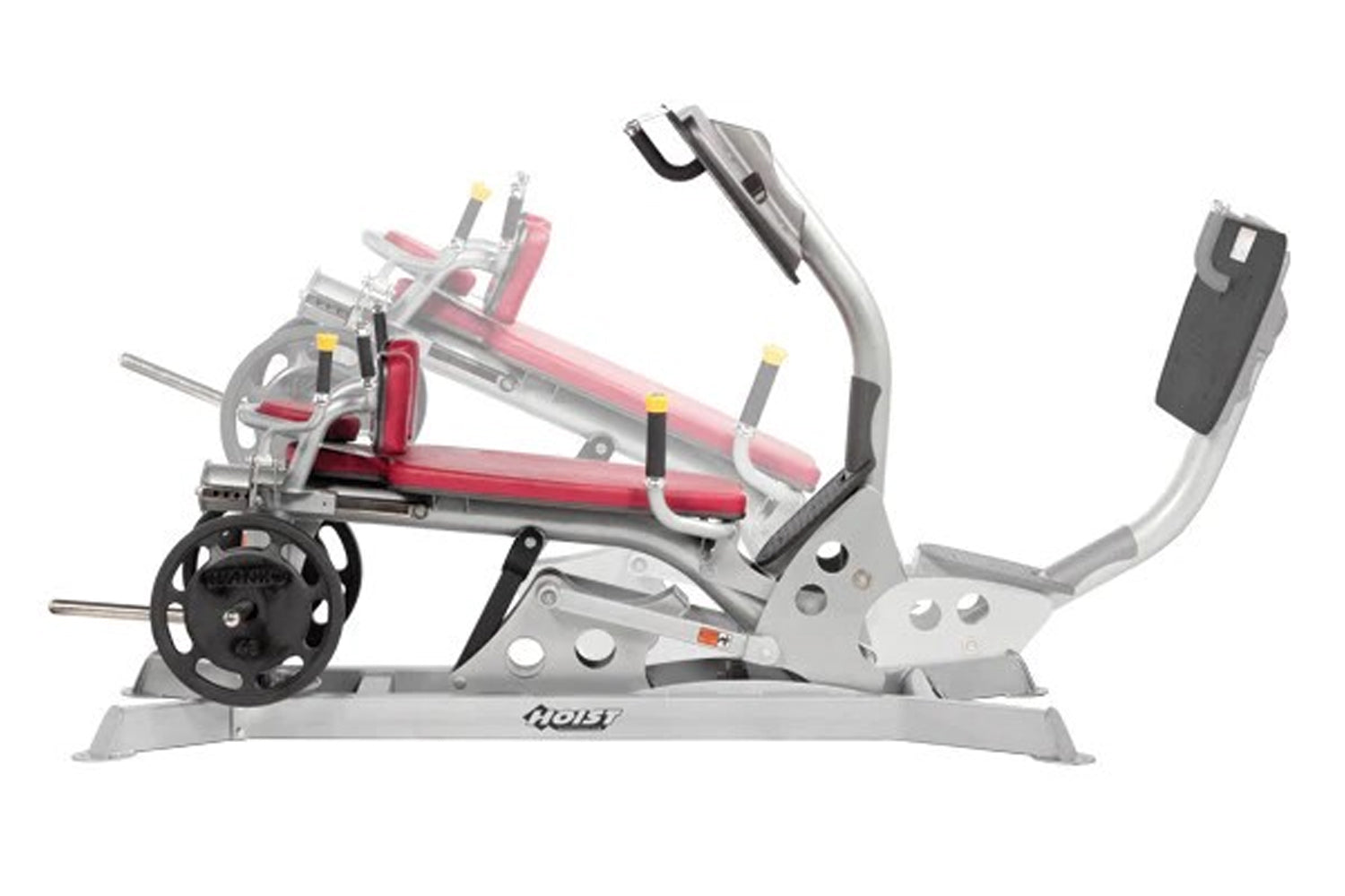 Hoist Abdominals Machine with gray steel frame, pink padded seat and back, black weight plate, and dual handles on white back