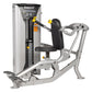 Hoist ROC-IT seated dip machine with silver steel frame, black padded seat and handles, yellow adjustment levers, on white ba