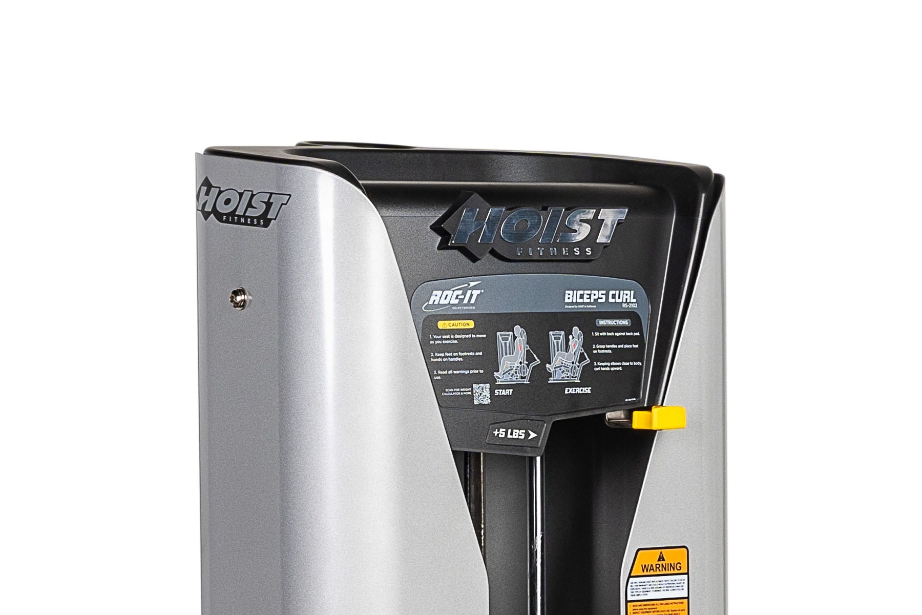 Hoist ROC-IT Biceps Curl Machine with silver and black frame, yellow safety handles, and instruction placard on white backgro