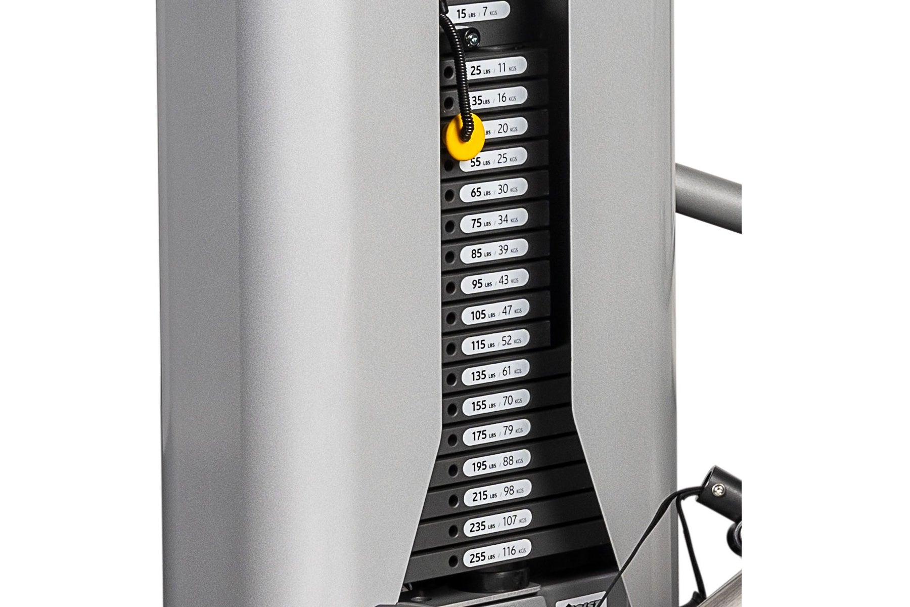 Hoist ROC-IT Biceps Curl Machine with silver frame and black weight selector stack showing incremental weight settings from 1