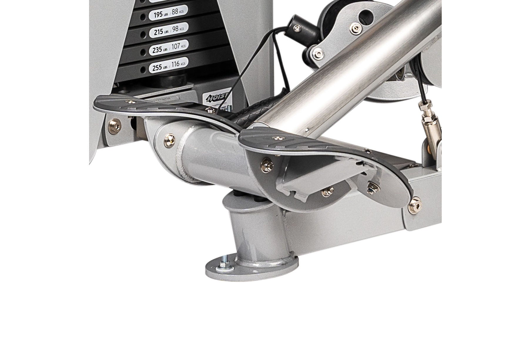 Hoist ROC-IT Biceps Curl Machine with gray steel frame, black handles, and weight stack labeled 195-255 lbs, close-up detail 