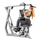 Silver and black Hoist ROC-IT lat pulldown machine with digital display, shown with model performing exercise on white backgr
