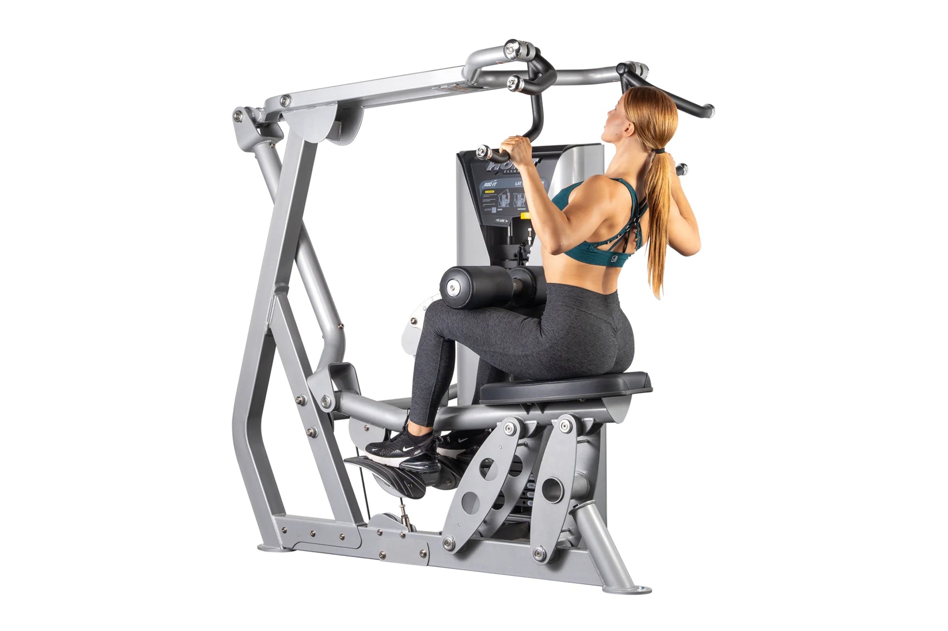 Silver and black Hoist ROC-IT lat pulldown machine with digital display, shown with model performing exercise on white backgr