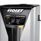 Hoist Fitness ROC-IT lat pulldown machine with silver and black frame, yellow grip handles, and instruction panel on white ba