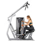 Woman using silver and black Hoist lat pulldown machine with overhead pulley and weight stack on white background