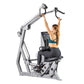 Woman using silver Hoist ROC-IT lat pulldown machine with black handles and digital display on white background