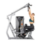 Hoist ROC-IT lat pulldown machine with silver frame and black seat, woman demonstrating proper form with teal sports bra and 