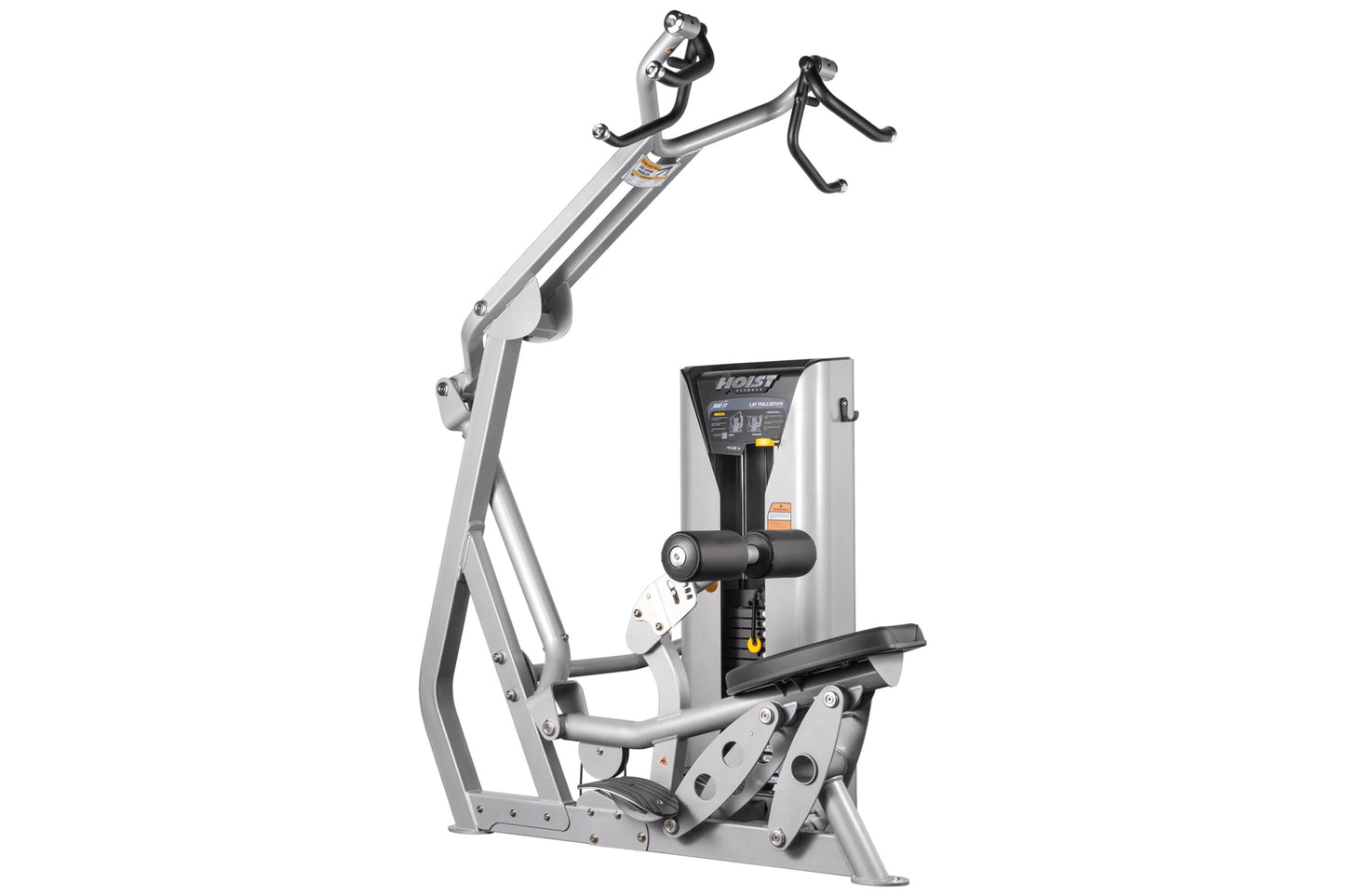 Hoist ROC-IT Lat Pulldown Machine with silver frame, black handles, and control panel on white background