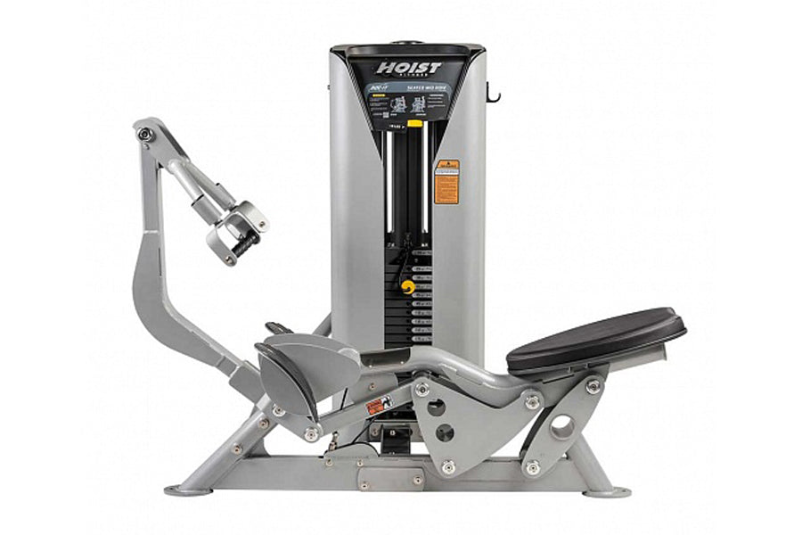 Hoist ROC-IT seated mid row machine with gray frame, black seat, and silver control tower on white background