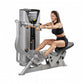 Woman using silver and black Hoist ROC-IT seated mid row machine with digital control panel, demonstrating proper form on whi