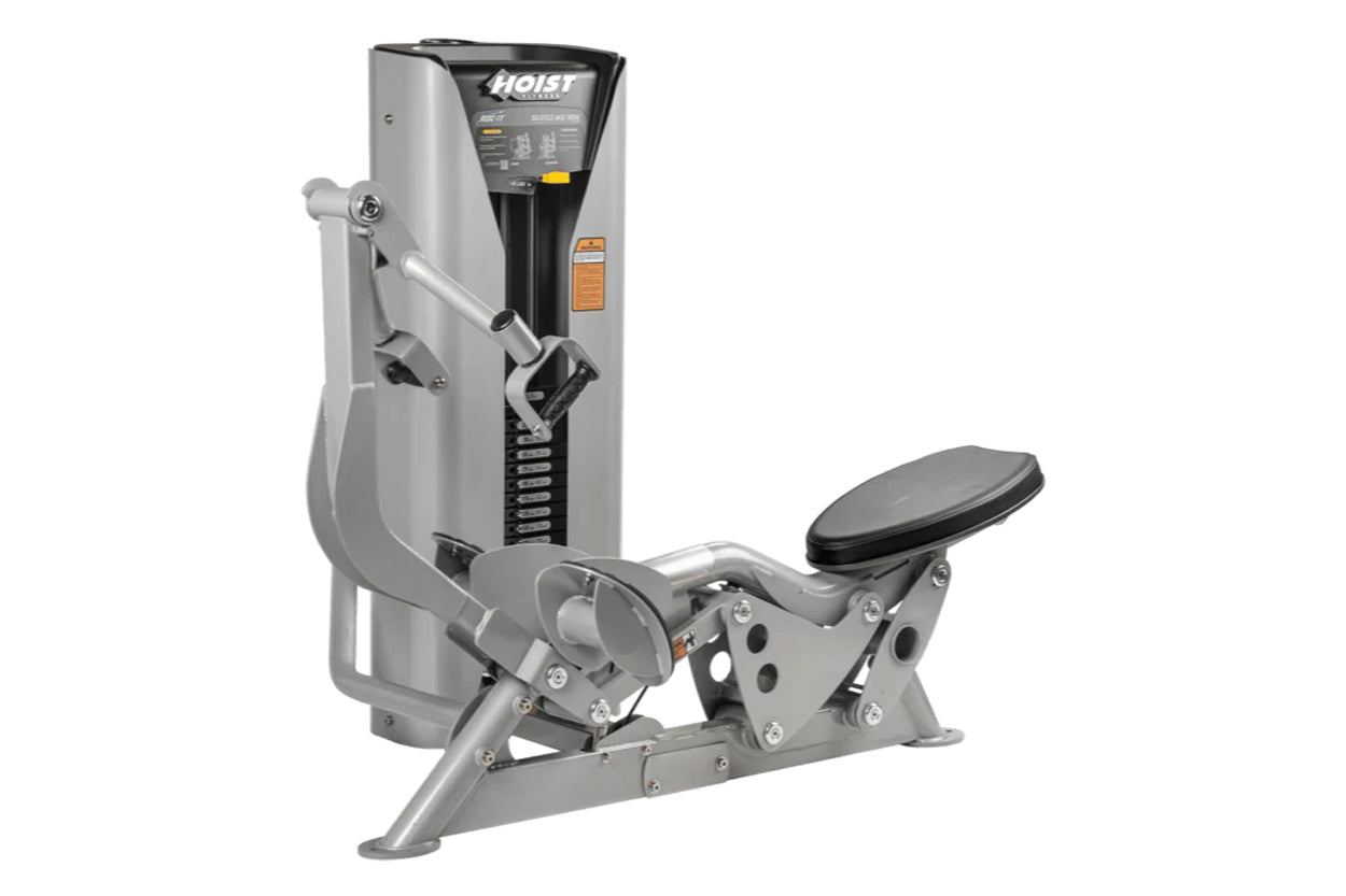 Hoist ROC-IT Seated Mid Row Machine with gray steel frame, black footrest, and control panel on white background