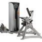 Hoist ROC-IT Lower Back Machine with silver frame, black upholstered seat and backrest, weight stack on white background