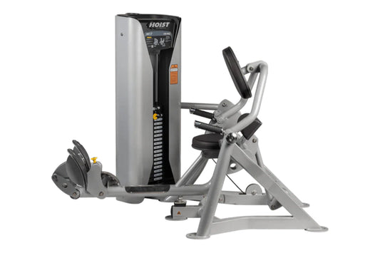 Hoist ROC-IT Lower Back Machine with silver frame, black upholstered seat and backrest, weight stack on white background
