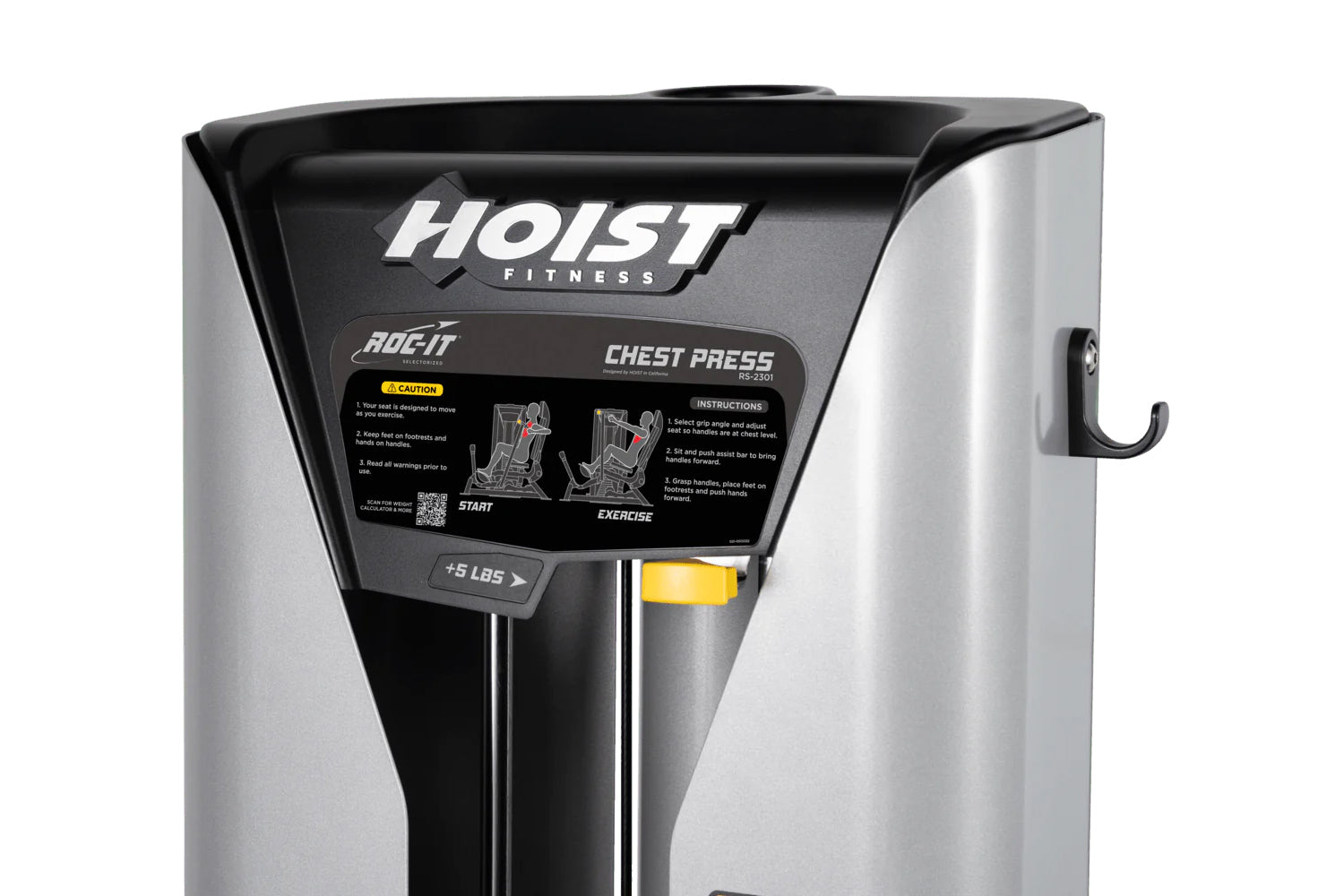 Hoist ROC-IT chest press machine with silver frame, black control panel, and yellow weight adjustment button on white backgro