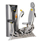 Hoist ROC-IT chest press machine with silver frame, gray padded seat and back, yellow hand grips, and control panel on white 