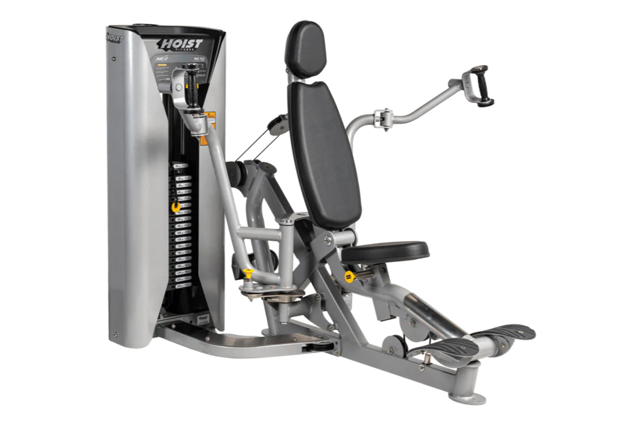 Hoist ROC-IT Pec Fly machine with silver metal frame, black padded seat back and armrests, dual handles, and footplate on whi