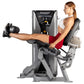 Woman using Hoist ROC-IT leg extension machine with silver and black frame, demonstrating seated leg exercise position