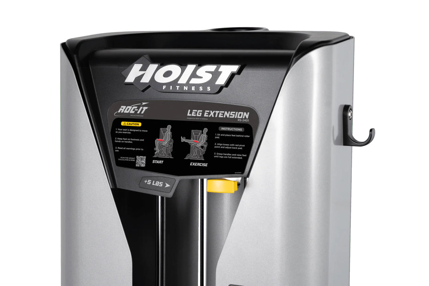 Hoist ROC-IT leg extension machine with silver and black frame, instruction panel, and yellow weight adjustment lever on whit