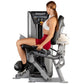 Woman using Hoist ROC-IT leg extension machine with silver frame and black seat, demonstrating proper form on white backgroun