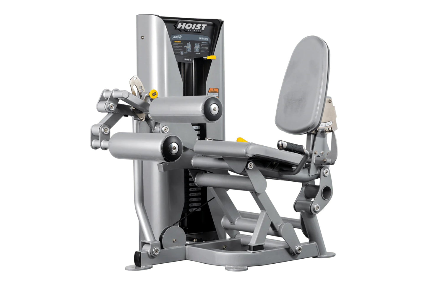Hoist ROC-IT leg curl machine with gray and black frame, padded backrest and leg extension arms on white background