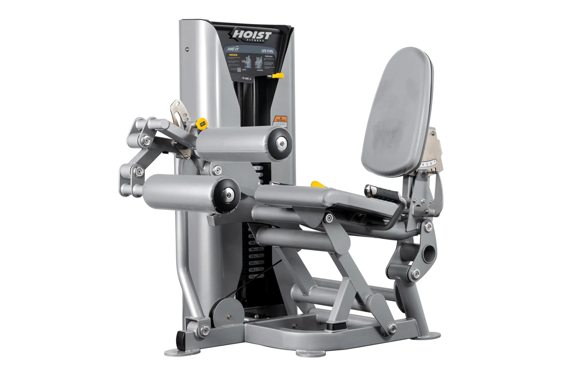 Hoist ROC-IT leg curl machine with gray and black frame, padded backrest and leg extension arms on white background