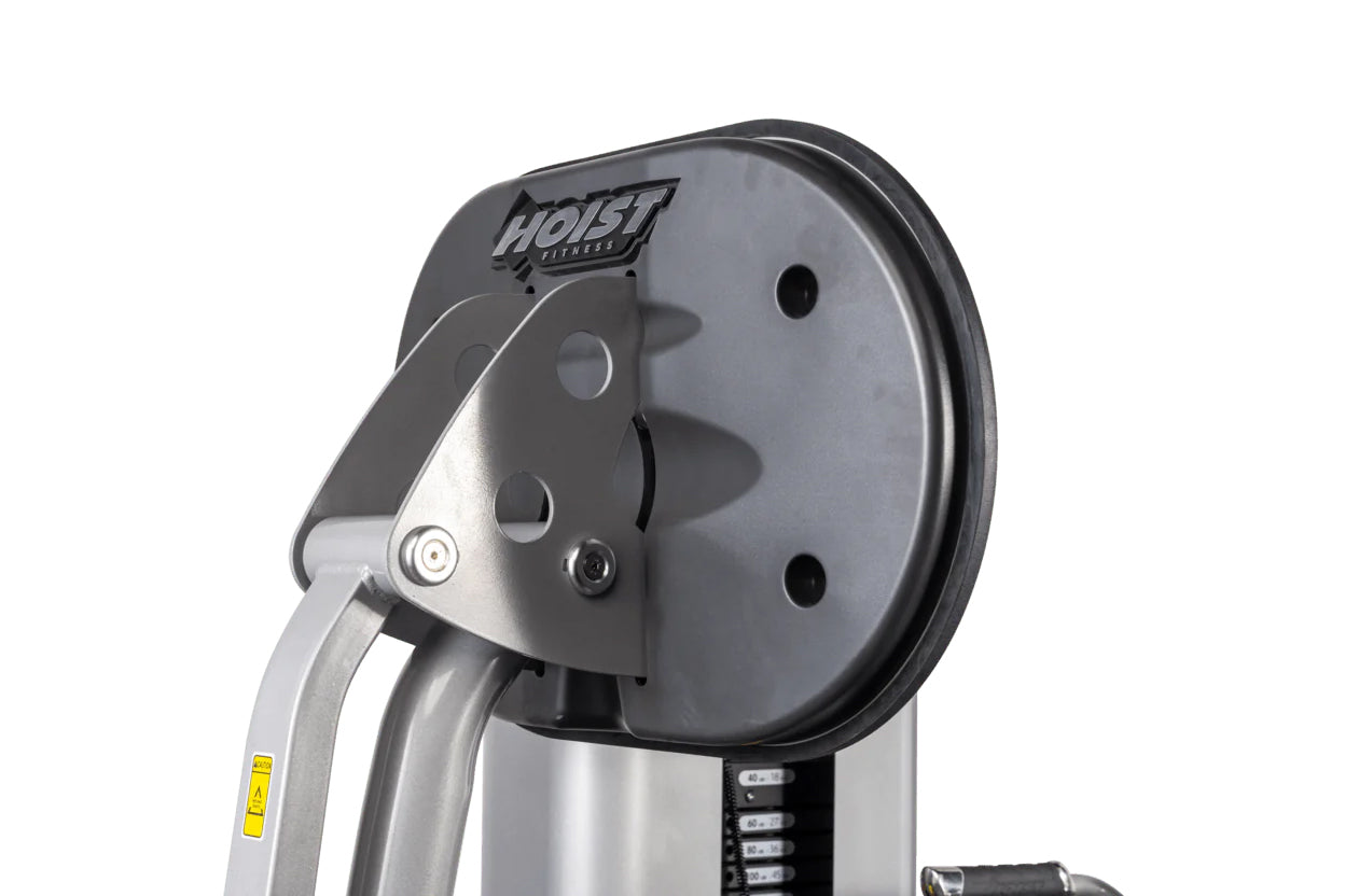 Hoist ROC-IT leg press machine with gray and black metal frame, circular footplate, and control panel on white background