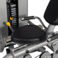 Hoist ROC-IT leg press machine with black padded seat, silver frame, weight stack with yellow adjustment pins, and chrome han