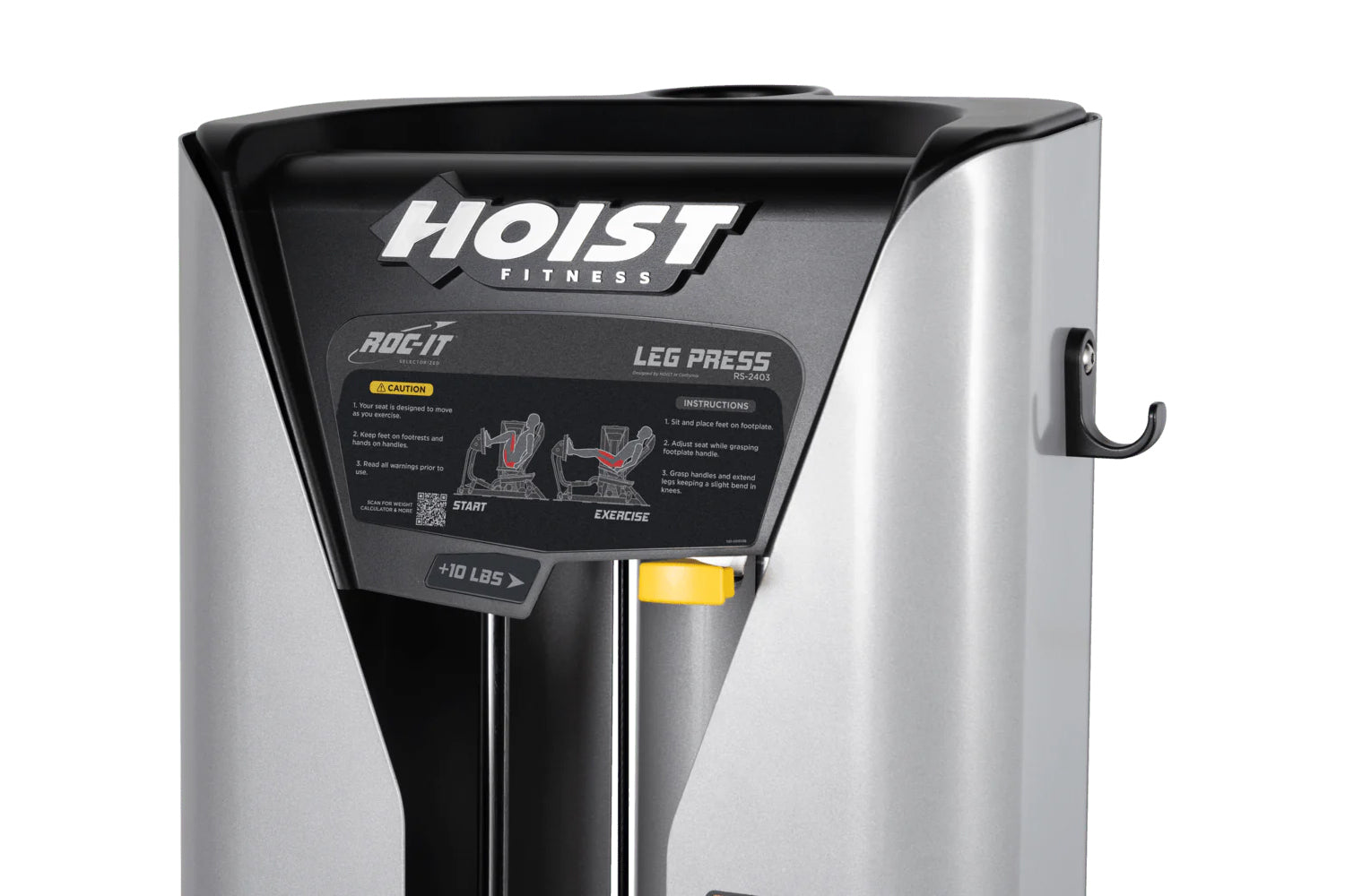 Hoist ROC-IT Leg Press machine with silver and black frame, featuring instruction panel and yellow weight adjustment lever on