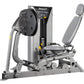 Hoist ROC-IT leg press machine with gray padded seat and backrest, black and silver frame, control panel with yellow accents,