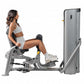 Woman using gray Hoist ROC-IT leg exercise machine with padded seat and footrest, shown in side profile on white background