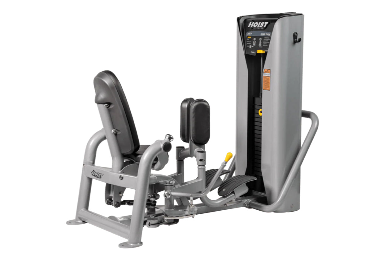 Hoist ROC-IT inner thigh machine with gray frame, black padded seat and back support, and control panel on upright tower