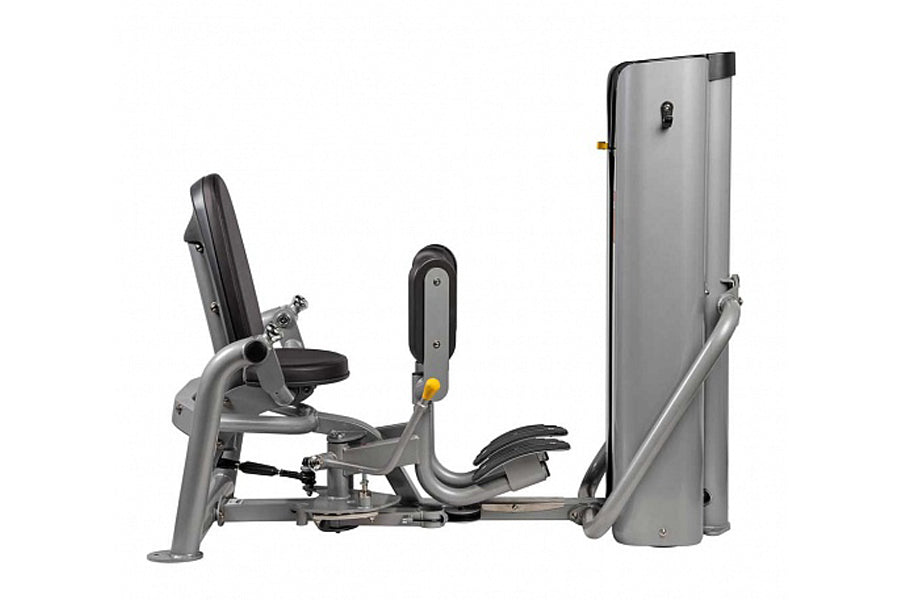 Hoist ROC-IT outer thigh machine with gray metal frame, black seat and footrest, and vertical weight stack on white backgroun